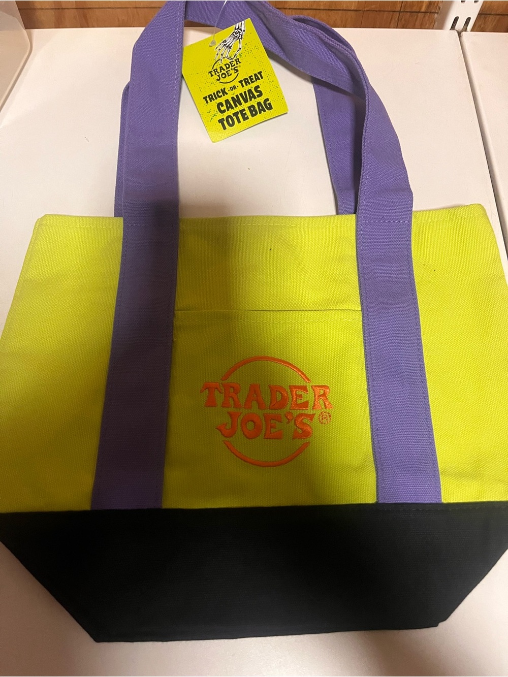 Trader Joe's Yellow & Purple Canvas Tote mini Bag with Black Base